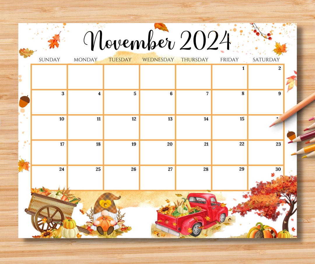 EDITABLE November 2024 Calendar, Beautiful Fall Autumn W/ Pumpkins and