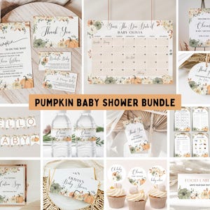 Paquete de baby shower de calabaza pequeña, paquete de invitación y juegos de calabaza con flores de otoño, decoración otoñal para bebé, plantilla editable de Canva, imprimible