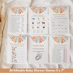 May include: Set of 36 printable baby shower game cards with a boho theme. The cards feature a colorful sunburst design and include games like "Celebrity Baby Name", "Animal Gestation", "Find the Guest Bingo", "Baby's Books Pictionary", "Pacifier Hunt", and "Mom Said - Dad Said".