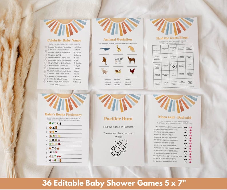 May include: Set of 36 printable baby shower game cards with a boho theme. The cards feature a colorful sunburst design and include games like "Celebrity Baby Name", "Animal Gestation", "Find the Guest Bingo", "Baby's Books Pictionary", "Pacifier Hunt", and "Mom Said - Dad Said".