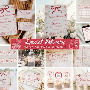 以下が含まれることがあります： 赤いリボンと食べ物をテーマにしたイラストが特徴のベビーシャワー文具のコレクション。招待状、看板、バナー、ラベルが含まれています。「Special Delivery Baby Shower Bundle」というテキストが表示されています。