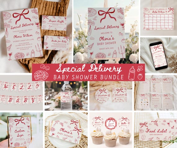 Special Delivery Baby Shower Bundle, Hand Drawn Italian Pizza Baby Shower Invitation & Games, Slice Slice Baby Invite, Editable Template