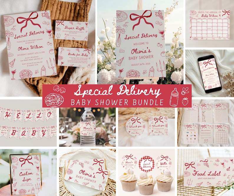 May include: A collection of baby shower stationery with a red bow and food-themed illustrations. Includes invitations, signs, banners, and labels. The text "Special Delivery Baby Shower Bundle" is displayed.