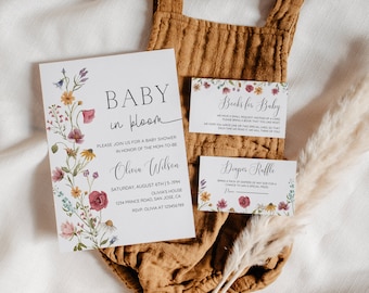 Paquete de invitaciones editables para baby shower con tema de flores silvestres, paquete de invitaciones para baby shower con tema de flores de primavera, descarga instantánea
