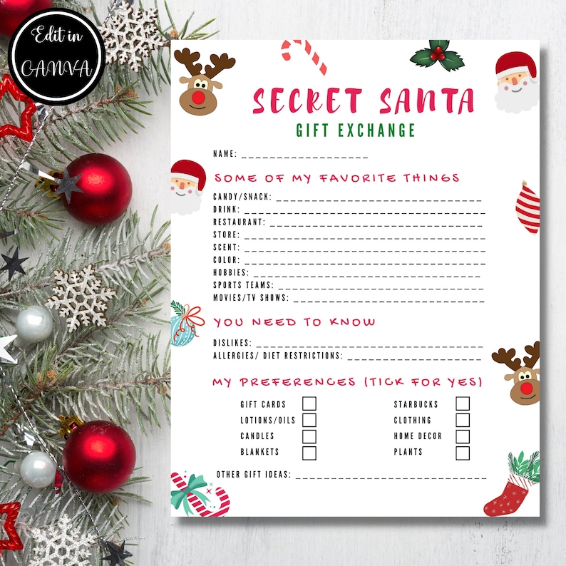 Editable Secret Santa Questionnaire Secret Santa Form Secret Etsy