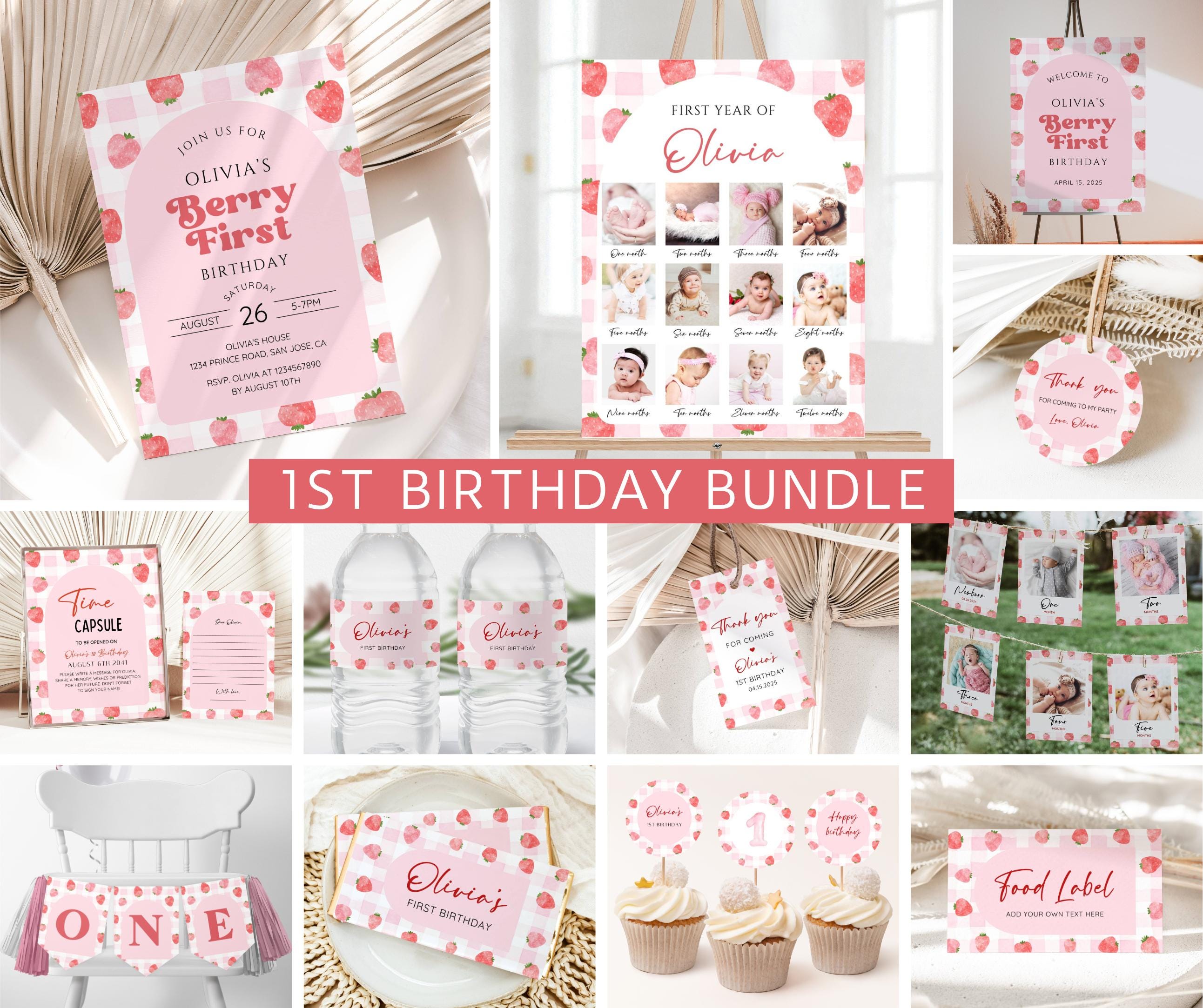 Berry First Birthday Invitation Bundle, Pink Gingham Strawberry 1st ...