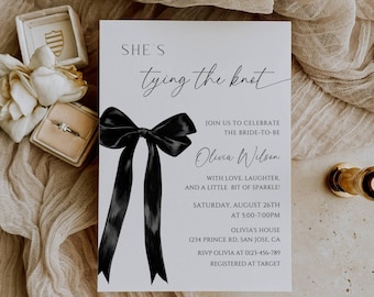She’s Tying The Knot Bridal Shower Invitation, Modern Black Bow Wedding Shower Invite, Minimalist Editable Canva Template, Instant Download