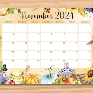 EDITABLE November 2024 Calendar, Happy Thanksgiving Planner w/ Turkey & Pumpkins, Beautiful Fall Autumn Printable Fillable Monthly Calendar