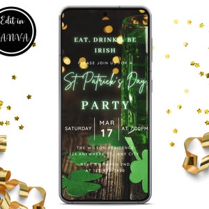 Editable Digital St Patrick's Day Invitation, Eat Drink & Be Irish, St Patrick's Day Party Dinner Text Invite Edit in Canva Instant Download