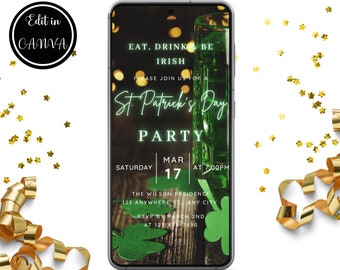 Editable Digital St Patrick's Day Invitation, Eat Drink & Be Irish, St Patrick's Day Party Dinner Text Invite Edit in Canva Instant Download