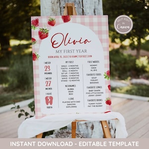 Letrero de hito de primer cumpleaños con diseño de bayas y cuadros vichy rosas editables, póster de hito de primer cumpleaños con diseño de fresa, tablero de hito de primer cumpleaños para niña Canva