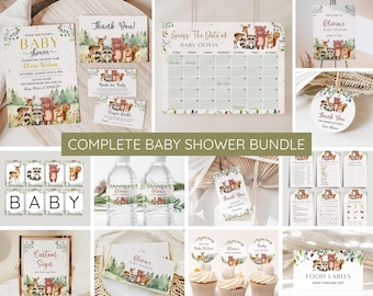 Woodland Baby Shower Bundle, Editable Woodland Animal Invitation, Printable Baby Shower Game Pack, Woodland Animal Shower, Instant Download