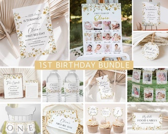Bee Birthday Invitation Bundle, Wildflower Bee 1st Birthday Invitation Template, Honey Bee First Birthday Pack, 1st Birthday Girl, EDITABLE