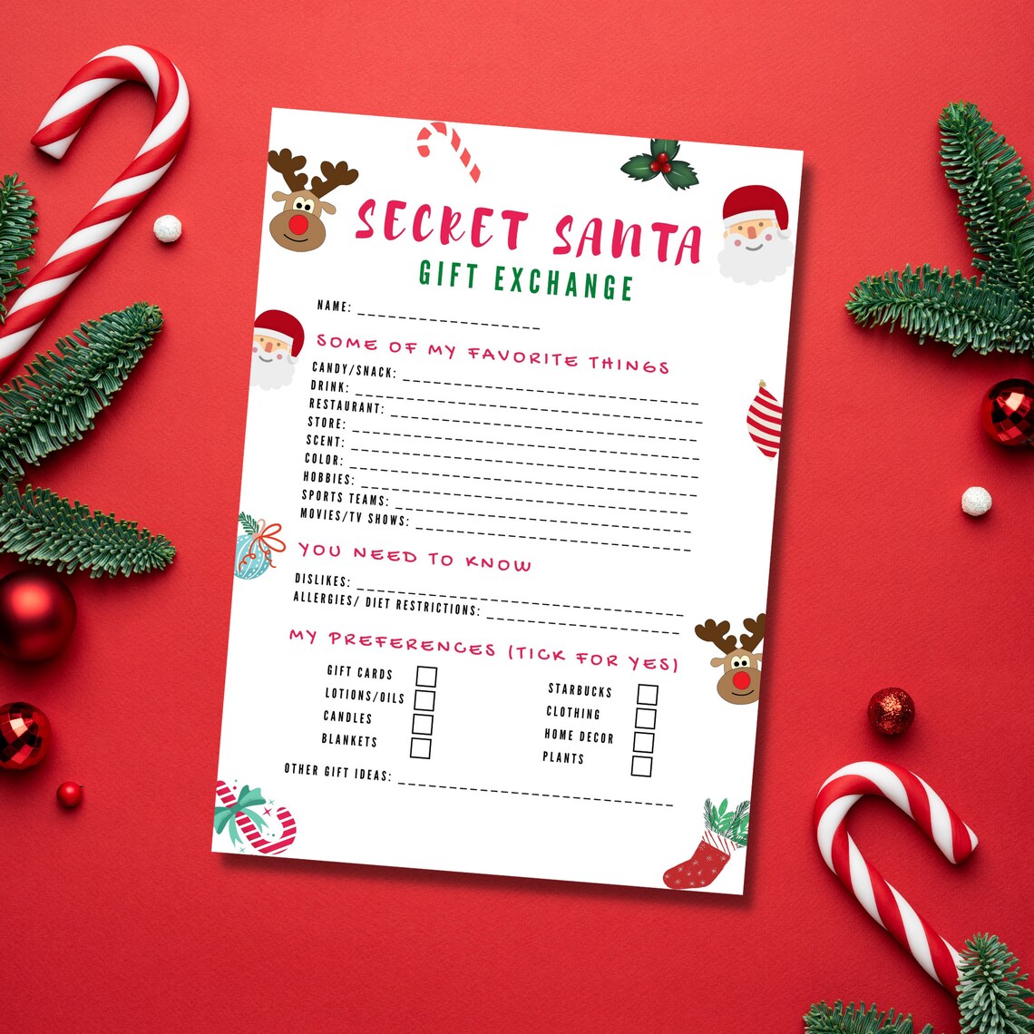 Editable Secret Santa Questionnaire Secret Santa Form Secret - Etsy