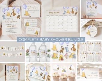 Winnie the Pooh Baby Shower Bundle, Editable Vintage Pooh Bear Party Invitation, Boy Baby Shower Games, Welcome Signs Invite Decor Printable