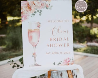 Petals and Prosecco Bridal Shower Welcome Sign, Blush Pink Floral Bridal Shower Welcome Poster Template, Wedding Shower Decor, Editable