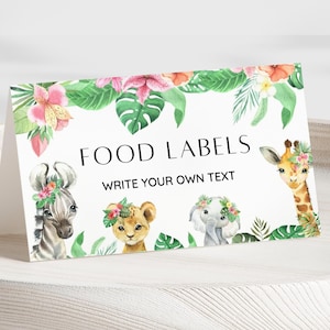 Marque-place modifiable Wild One pour baby shower, étiquette de nourriture pour safari animaux de la jungle safari, carte tente buffet, étiquette d'aliment, carte de visite de table, anniversaire de fille