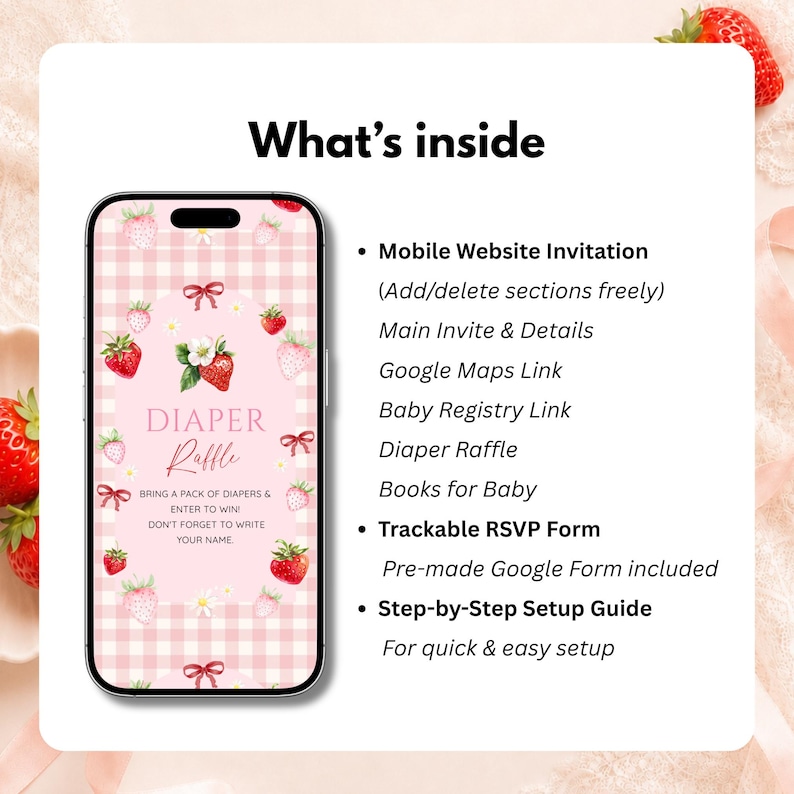 K&ouml;nnte beinhalten: Ein Smartphone zeigt eine digitale Einladung zur Windel-Tombola mit rosa Vichy-Karo-Hintergrund, Erdbeer-Illustrationen und roten Schleifen. Der Text lautet What's inside, Mobile Website Invitation, Main Invite, Google Maps, Registry, Diaper Raffle, Books for Baby, Trackable RSVP Form und Step-by-Step Setup Guide.