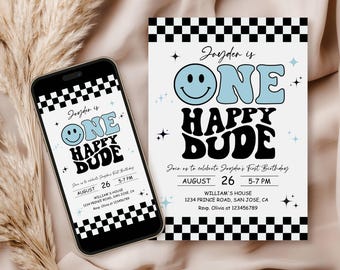 Editable One Happy Dude Birthday Invitation, Retro One Happy Dude First Birthday Invite Template, Blue Smiley Face Party Boy, Canva Download