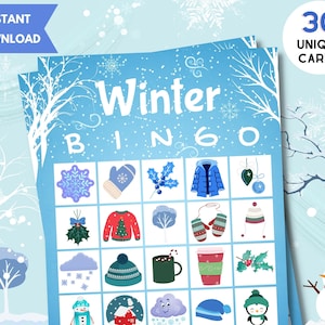 Druckbares Winter Bingo, 30 einzigartige Bingo Karten, Winter Aktivität, Winter Spiele, Winter Bingo Karten, druckbare Weihnachten, Weihnachts Party Spiele
