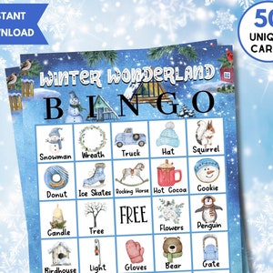 Winter Wonderland Bingo, 50 cartes de bingo uniques avec étiquettes, jeux d’activités d’hiver pour enfants, adolescents et adultes, cartes de bingo d’hiver, téléchargement instantané