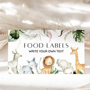 Tarjeta de lugar para baby shower con tema de animales de safari, etiqueta de comida para bebé de safari, tarjeta de tienda de campaña con tema de animales de la jungla, etiqueta de comida, tarjeta con nombre de mesa, bebé niño, EDITABLE
