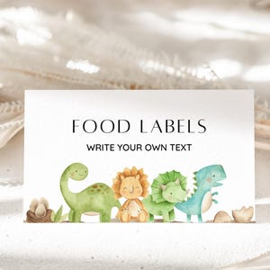 Cartão de lugar para o primeiro aniversário de dinossauro, etiqueta de comida para o primeiro aniversário de dinossauro, cartão de barraca de buffet de aniversário de menino, etiqueta de comida, cartão de nome de mesa, EDITÁVEL