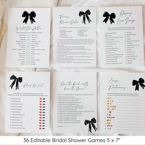 May include: Set of 36 printable bridal shower games with a black and white design. The games include "World She Rather", "Honey Do List", "Does the Bride Really Know the Groom", "Famous Movie Quotes", "Disney Love Songs", and "Emoji Dictionary".