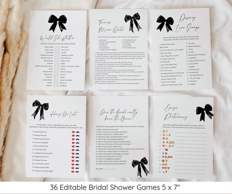 May include: Set of 36 printable bridal shower games with a black and white design. The games include "World She Rather", "Honey Do List", "Does the Bride Really Know the Groom", "Famous Movie Quotes", "Disney Love Songs", and "Emoji Dictionary".