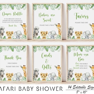May include: A set of 14 printable signs for a safari baby shower. The signs feature a jungle theme with green leaves, zebra, giraffe, and lion illustrations. The signs include text such as "Diaper Raffle", "Babies are Sweet", "Favors", "Thank You", "Cards & Gifts", and "Mom-osa Bar".