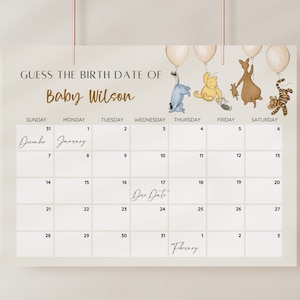 Peut inclure: Un jeu de baby shower sur le thème de Winnie l'ourson. Le jeu demande aux invités de deviner la date de naissance du bébé. Le jeu présente un calendrier avec les mois de décembre, janvier et février. Le calendrier a une illustration de Winnie l'ourson, Tigrou, Bourriquet, Porcinet et Kanga.