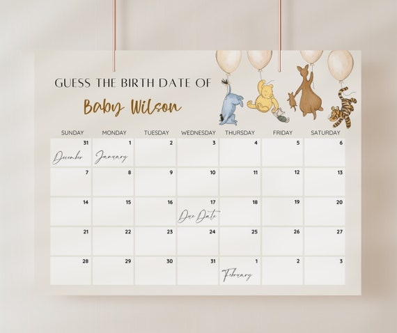 Winnie the Pooh Baby Due Date Calendar, Vintage Winnie Prediction Game,  Baby Shower Game, Guess Baby's Birth Date, Gender Neutral, EDITABLE