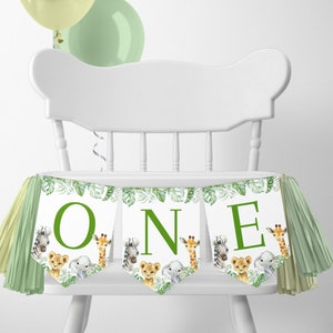 High Chair ONE Birthday Banner, Safari Animals Wild One First Birthday 1st Decorations, Boy Girl, Zoo Jungle Animals, Download, EDITABLE