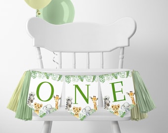 Hochstuhl ONE Geburtstagsbanner Safaritiere Wild One Erster Geburtstag 1. Dekorationen, Junge Mädchen, Zoo-Dschungeltiere, Download, EDITIERBAR