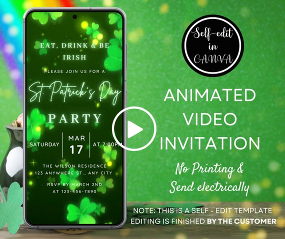 Neon St Patrick's Day Party Video Invitation,  Eat Drink & Be Irish, Animated St Patrick's Day Dinner Evite, Phone Invitation Canva Template