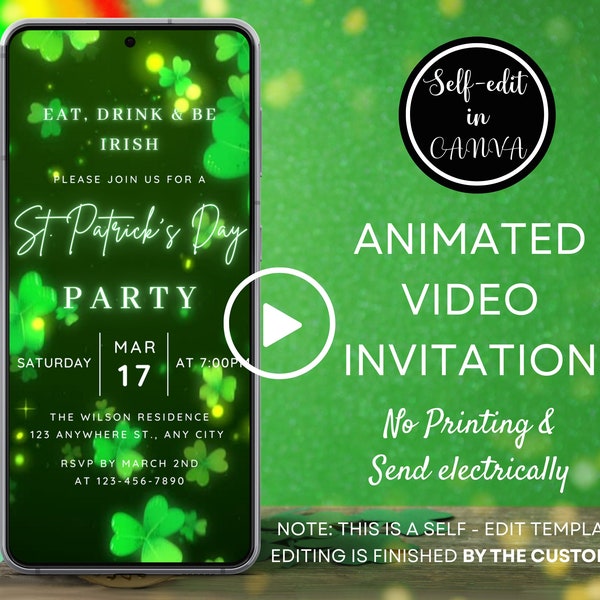 Neon St Patrick's Day Party Video Invitation,  Eat Drink & Be Irish, Animated St Patrick's Day Dinner Evite, Phone Invitation Canva Template