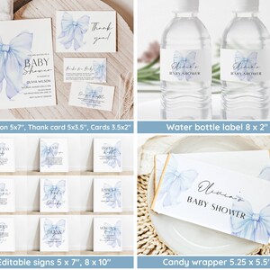 May include: Blue and white baby shower invitation, thank you card, and favour tags with a watercolour bow design. The invitation is 5x7 inches, the thank you card is 5x3.5 inches, and the favour tags are 3.5x2 inches. There are also editable signs in 5x7 and 8x10 inches, water bottle labels that are 8x2 inches, and candy wrappers that are 5.25x5.5 inches.
