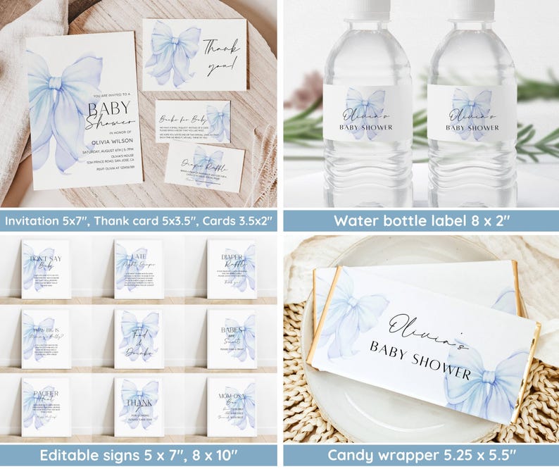 May include: Blue and white baby shower invitation, thank you card, and favour tags with a watercolour bow design. The invitation is 5x7 inches, the thank you card is 5x3.5 inches, and the favour tags are 3.5x2 inches. There are also editable signs in 5x7 and 8x10 inches, water bottle labels that are 8x2 inches, and candy wrappers that are 5.25x5.5 inches.