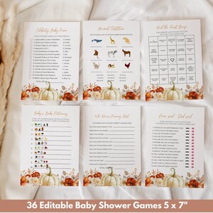 May include: Set of 36 printable baby shower games with a fall theme. The games include "Celebrity Baby Names", "Animal Guessing", "Find the Duet Bingo", "Baby's Bookie Dictionary", "Who Knows Mommy Best", and "Mom Said - Dad Said".