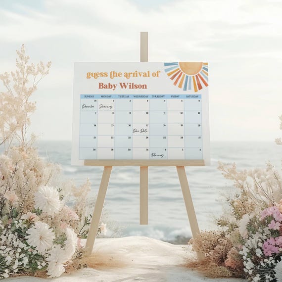 Sunshine Baby Shower Due Date Calendar, Here Comes the Son Prediction Game, Boy Baby Shower Game, Guess Baby's Birth Date, Editable