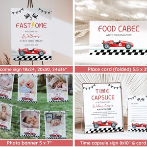Puede incluir: Un conjunto de decoraciones para fiestas con tem&aacute;tica de coches de carreras. Incluye un letrero de bienvenida, tarjetas de lugar, una pancarta de fotos y un letrero de c&aacute;psula del tiempo. Los letreros presentan un coche de carreras rojo, banderas a cuadros y el texto "FAST ONE" y "FOOD CABEC".