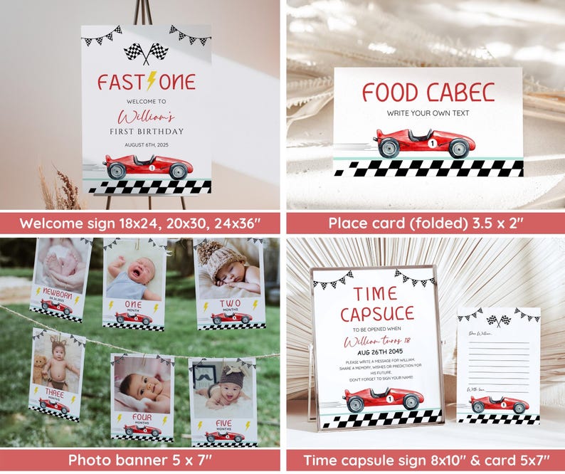 Puede incluir: Un conjunto de decoraciones para fiestas con tem&aacute;tica de coches de carreras. Incluye un letrero de bienvenida, tarjetas de lugar, una pancarta de fotos y un letrero de c&aacute;psula del tiempo. Los letreros presentan un coche de carreras rojo, banderas a cuadros y el texto "FAST ONE" y "FOOD CABEC".