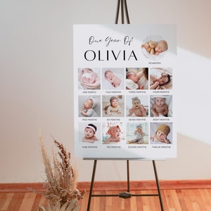 Modèle d'affiche de la première année de bébé minimaliste, panneau photo premier anniversaire, collage photo moderne pour le 1er anniversaire, tableau modifiable année en images
