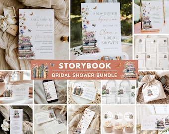 Storybook Bridal Shower Bundle, New Chapter Bridal Shower Invitation & Games, Vintage Book Themed Bridal Shower Decor, Editable Template