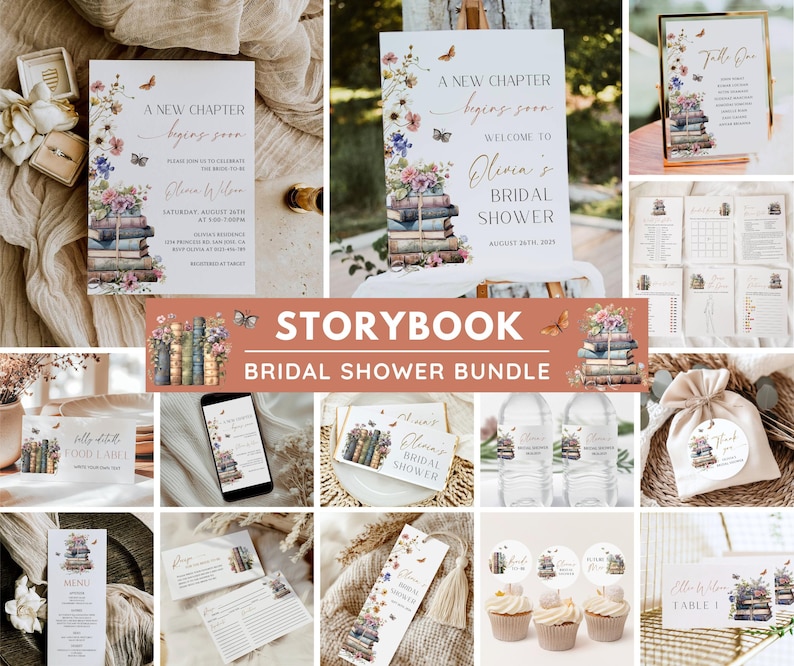 Storybook Bridal Shower Bundle, New Chapter Bridal Shower Invitation & Games, Vintage Book Themed Bridal Shower Decor, Editable Template image 1