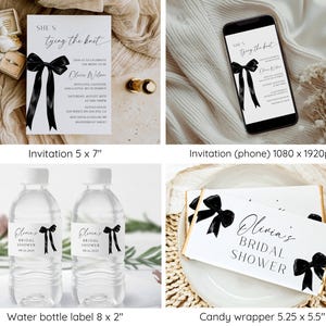 May include: A set of printable bridal shower party decorations featuring a black and white design with a black bow and the text "She's tying the knot". The set includes an invitation, a phone invitation, a water bottle label, and a candy wrapper.