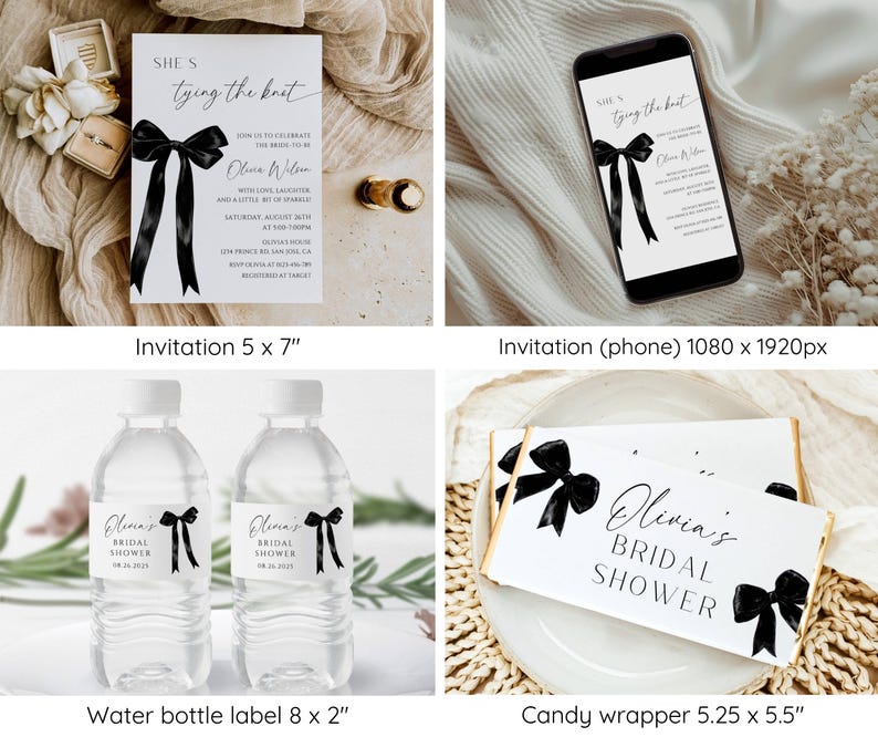 May include: A set of printable bridal shower party decorations featuring a black and white design with a black bow and the text "She's tying the knot". The set includes an invitation, a phone invitation, a water bottle label, and a candy wrapper.