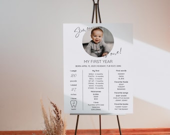 EDITABLE First Birthday Milestone Sign, Modern 1st Birthday Milestone Poster, Minimalist One Year Photo Baby Milestone Board, Canva Template