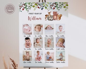 Póster fotográfico del primer cumpleaños de Woodland Wild One, tablero de hitos del primer año, fotos del primer año de Safari Wild One, hito fotográfico del primer cumpleaños
