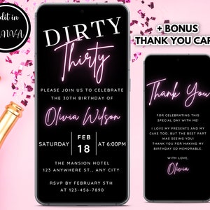 30th Birthday Invitation, Neon Pink Glow Party, Dirty Thirty Evite, Thirty Birthday Electronic Invite, Editable Template, Instant Download